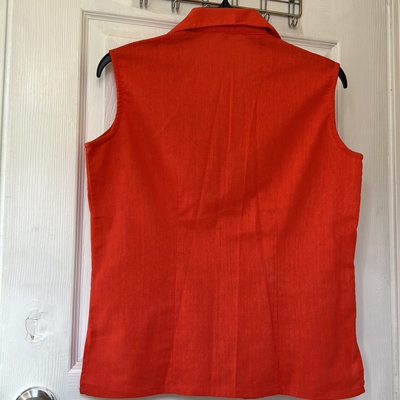 Women Top 100% Cotton Sleeveless Coat Collar Orange Button Down Fitted T… - Picture 5 of 10